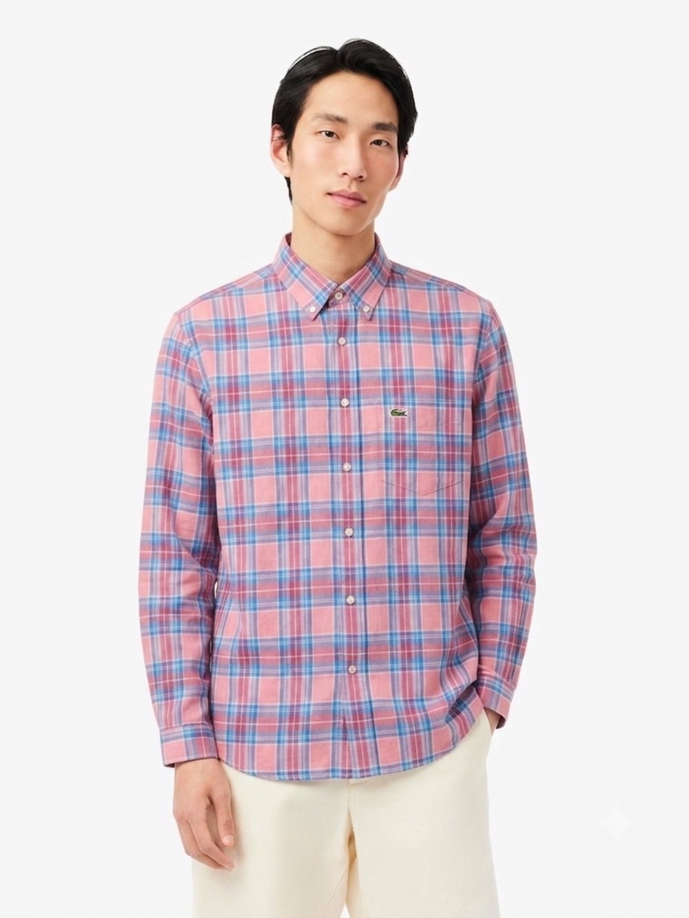 154 LACOSTE Men's Classic Fit LS Madras Check Button Down Shirt - Pink/ Blue, XL